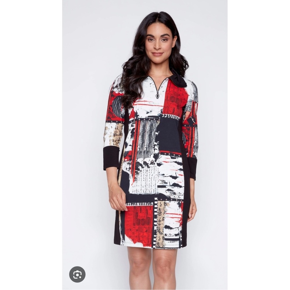 ART Simply Dolcezza Black Red White Abstract‎ Zip Neck Dress Size S Bookworm